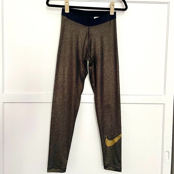 NWOT Nike Women's Pro Cool Gold Sparkle Training Tight Pants - Picture 5 of 11